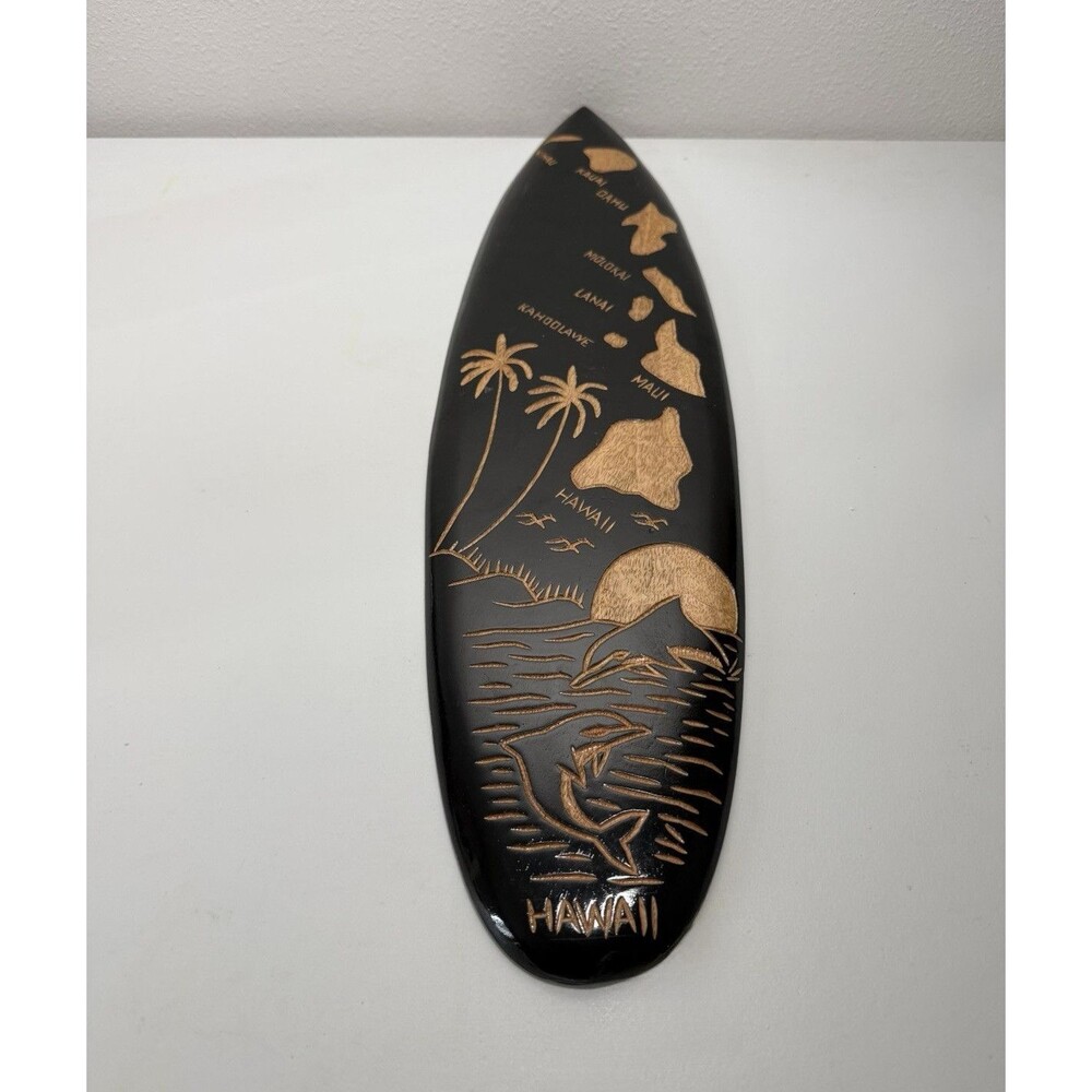 Hawaiian Islands Carved Wood Surfboard Plaque with Dolphins and Palm Trees